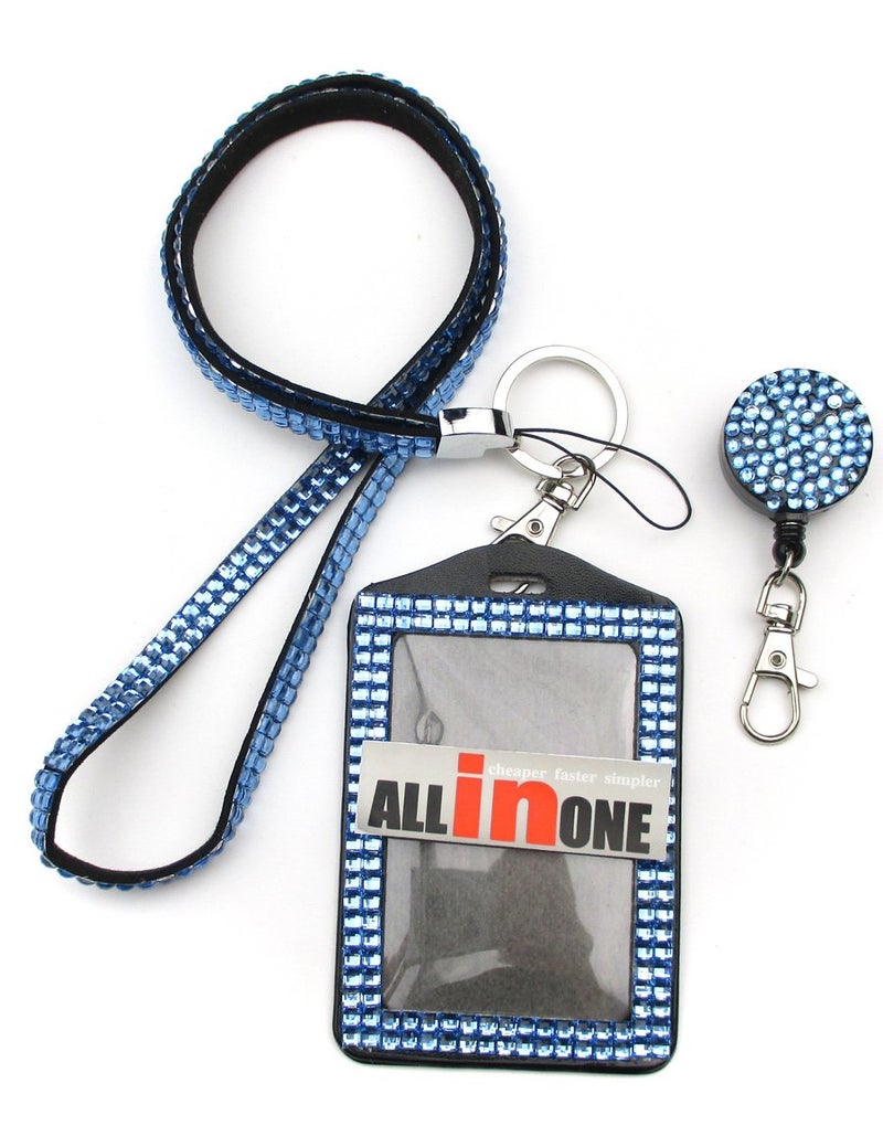 ALL in ONE Rhinestone Lanyard Bling Crystal Necklace + Badge Reel + Card Holder for Business Id/Key (Blue) - Image 4